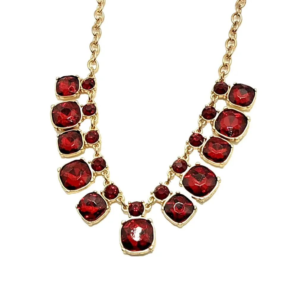 Vintage Red Crystal Rhinestone Statement Collar Necklace Gold Tone Statement 22”